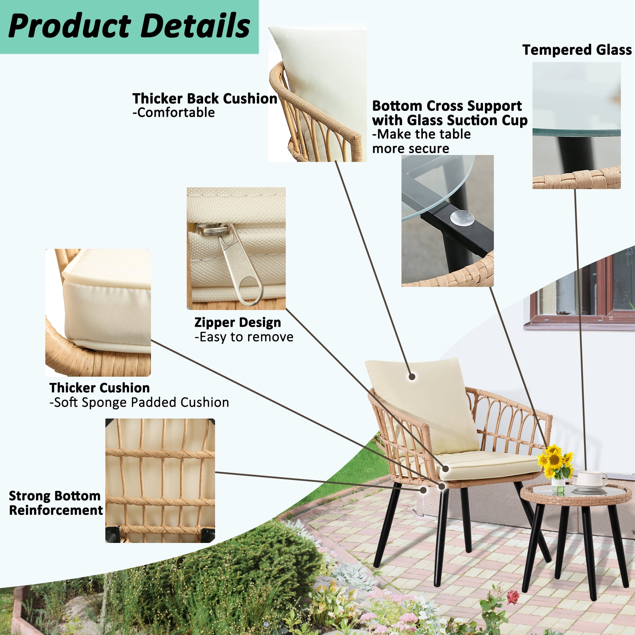 Ainfox 3-Piece Steel Outdoor Bistro Sets with Metal Chairs and Glass Top Table, Beige