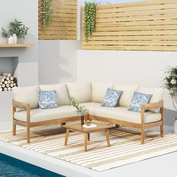 Burrough Acacia Wood Outdoor 5 Seater Sectional Sofa Chat Set with Cushions, Teak and Beige
