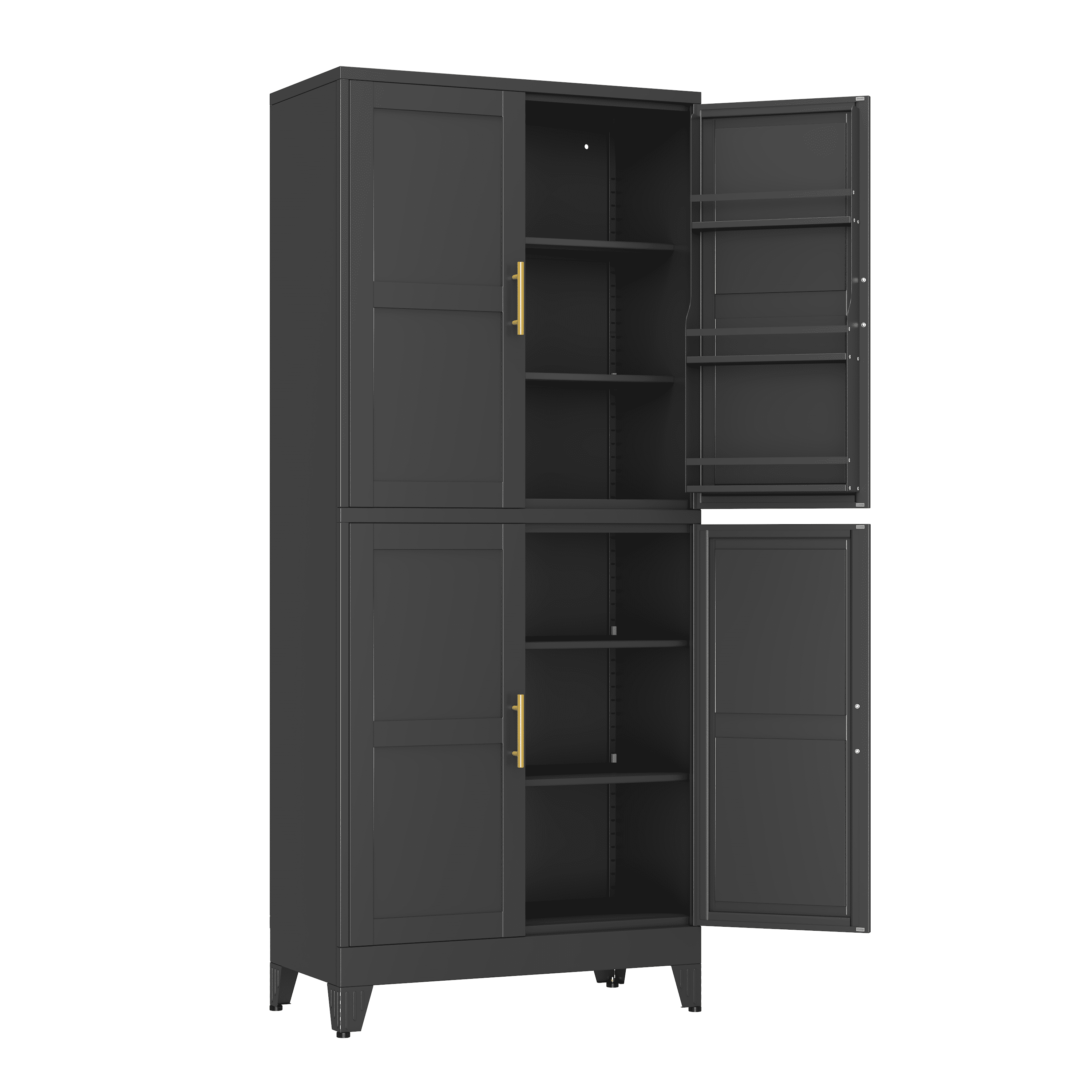 Ero Tall Steel Pantry Cabinet with 4 Doors and Adjustable Shelves for Kitchen Storage Black
