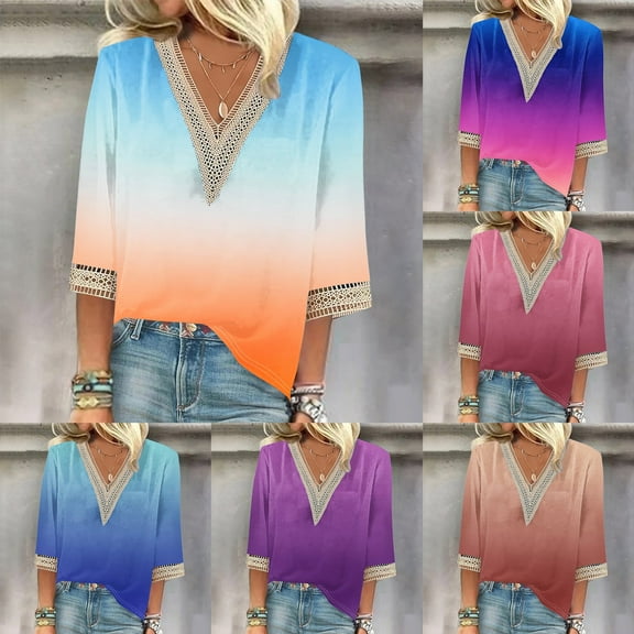 Trendsetting Women's Apparel Fashion Plus Size Fashion Women's Summer V-Neck 3/4 Sleeve Lace Splicing Solid Casual T-shirt Blouse Top