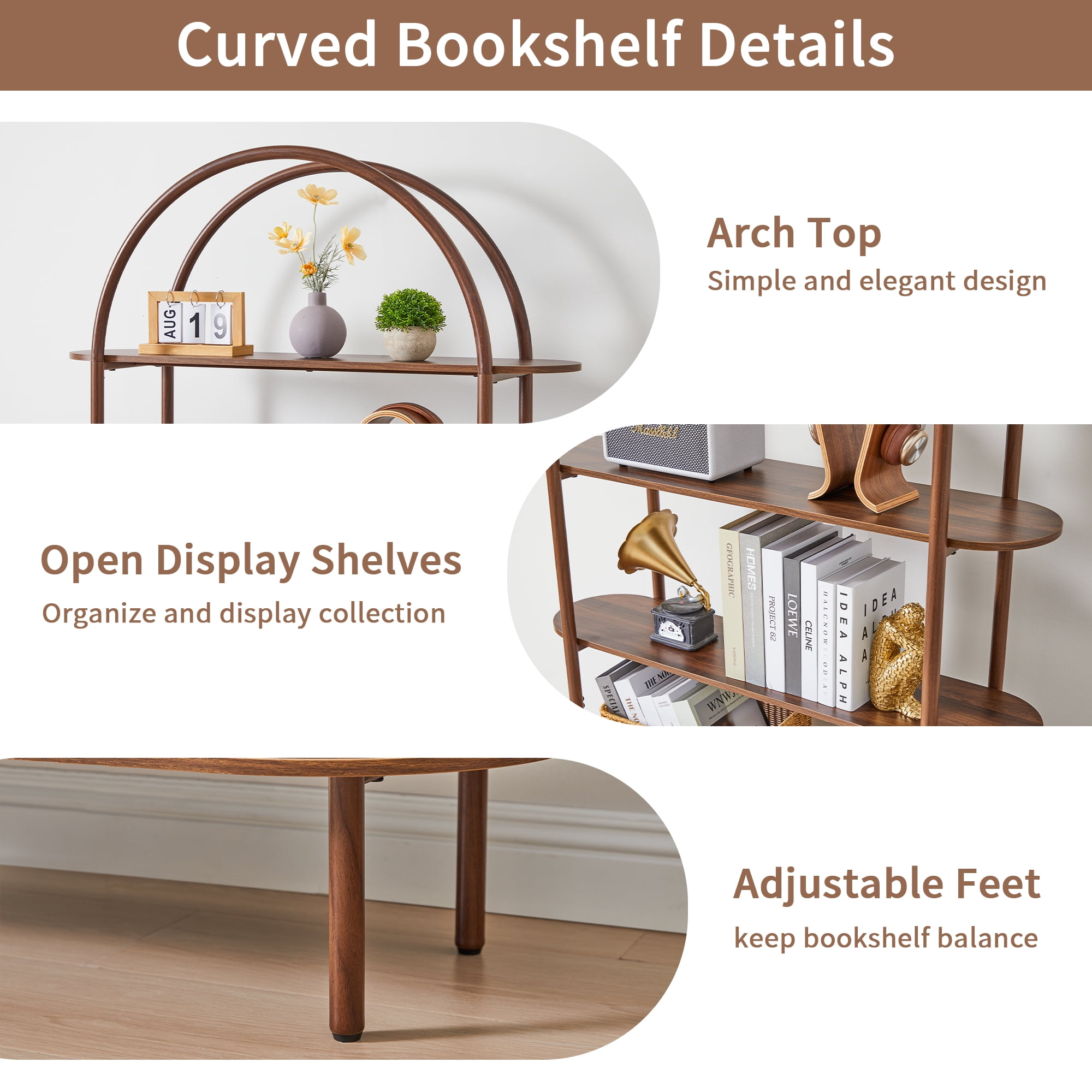 LEFHDA 79" Industrial Modern Arched Bookshelf with 4-Tier Open Shelf & Sliding Tambour Cabinet Storage, Mid-Century Curved Freestanding Bookcase for Living Room, Home Office (Walnut, 79 inch)