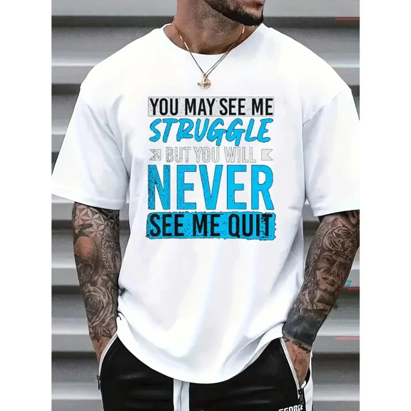 Men'S T-Shirts with 'Never Give Up' Slogan, Spacious, Cozy, Made from with a Round Neckline