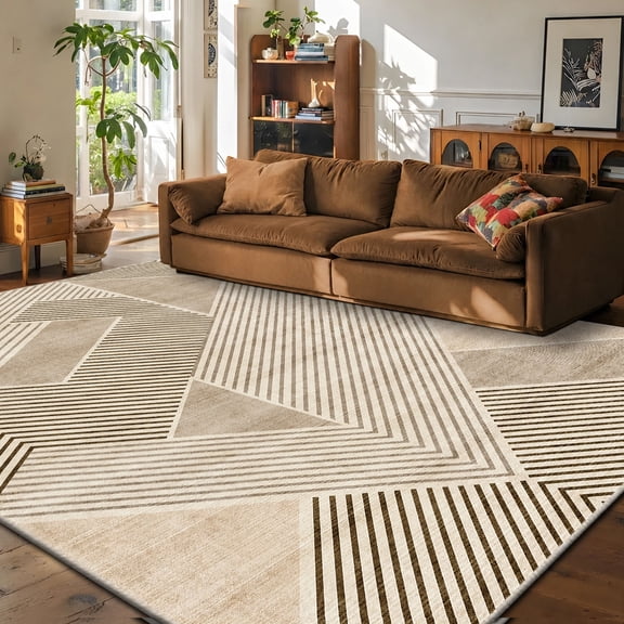 Pentantan 6'x9' Area Rugs for Living Room, Machine Washable Modern Stripe Neutral Rug, Non Slip Low Pile Indoor Carpet for Bedroom Dining Room Office, Brown
