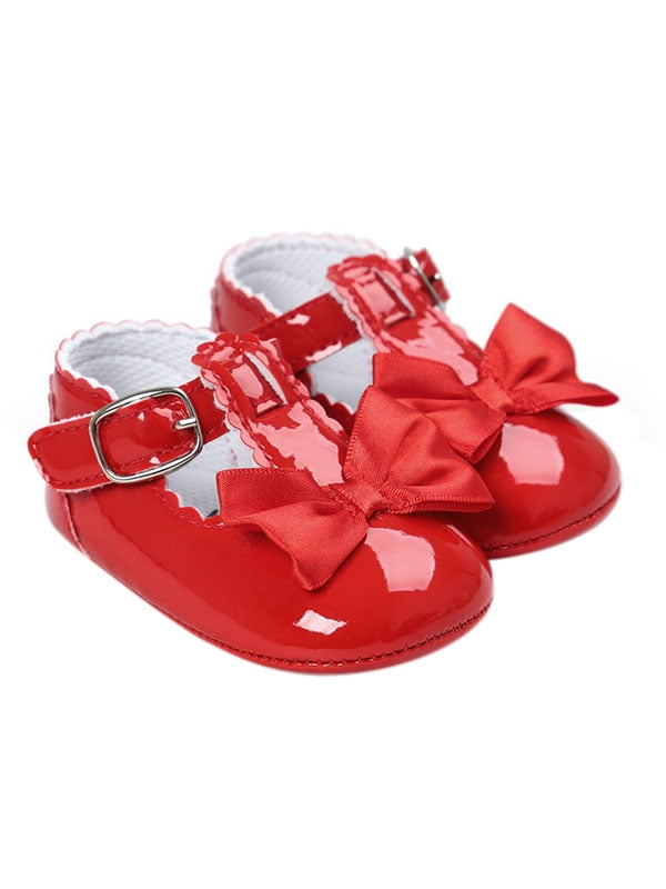 NEW Spanish Style Baby Girl RED Pom Patent Soft Sole Pram Shoe 0-18 Month 