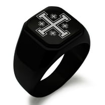 Stainless Steel Jerusalem Cross Engraved Square Flat Top Biker Style Polished Signet Ring