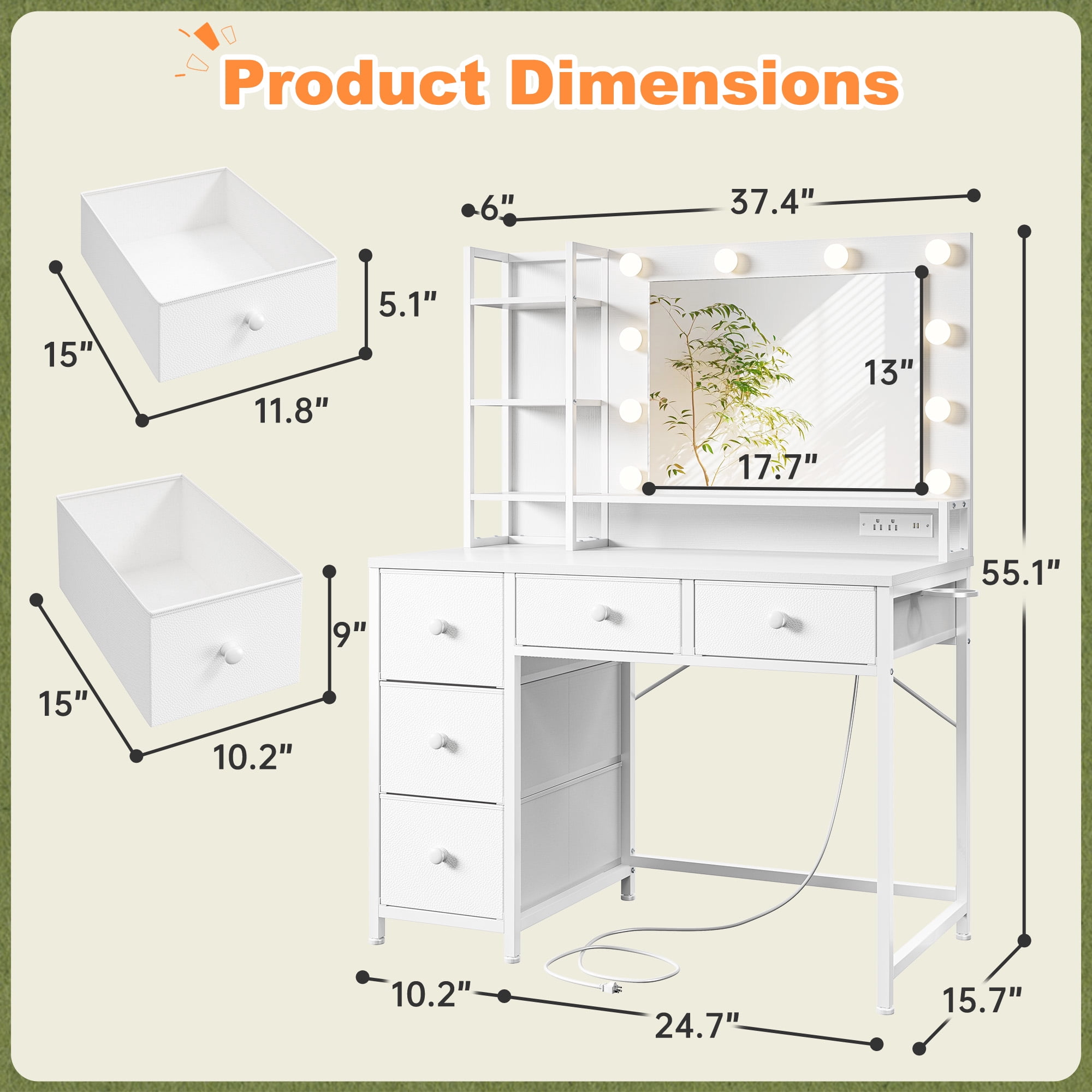 White Vanity with Mirror and Lights Makeup Vanity Desk with 5 Fabric Drawers Dressing Table with Storage Drawers for Bedroom