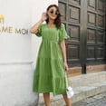 thumbnail image 3 of SWSMCLT Women's Sundress V Neck Fall Vintage Cute Summer Dress Short Sleeve Chiffon Casual Ruched Dresses Green Large, 3 of 4