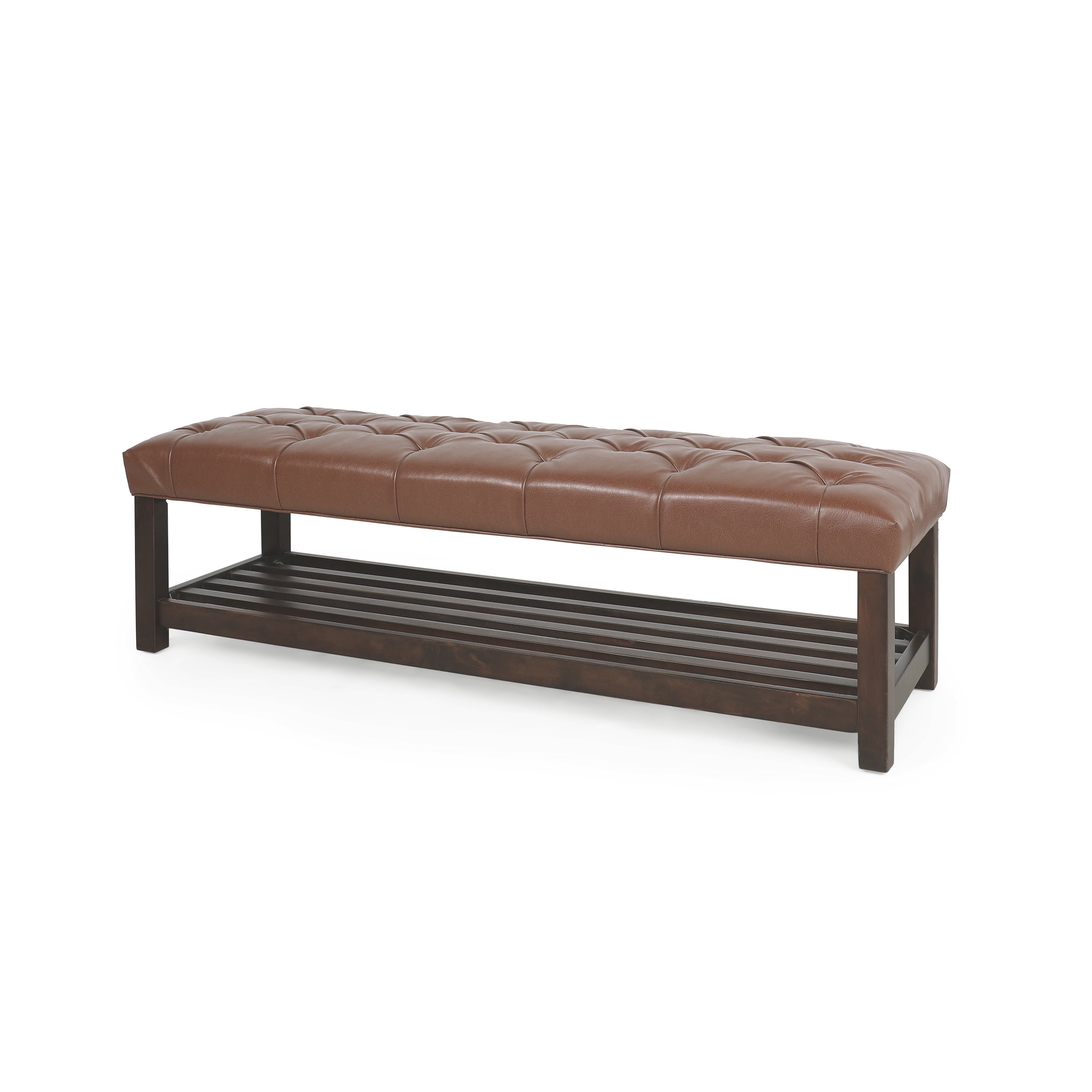 Noble House Wichita Faux Leather Button Tufted Bench with Shelf, Cognac Brown and Dark Walnut
