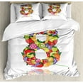 thumbnail image 1 of Number Queen Size Duvet Cover Set, Fruitful Eight with Avocado Lemon Watermelon Grapes Flower Cherry Orange Colorful, Decorative 3 Piece Bedding Set with 2 Pillow Shams, Multicolor, by Ambesonne, 1 of 3