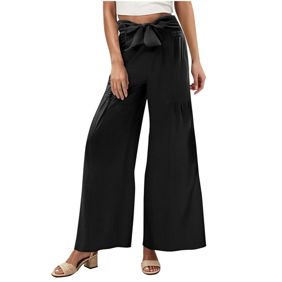 aidice Summer Pants for Women Belt Side Smocked Wide Leg Casual Comfy High Waisted Trendy Trousers