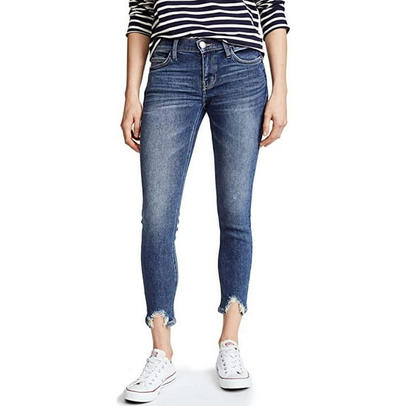 stiletto distressed hem medium-wash skinny jeans