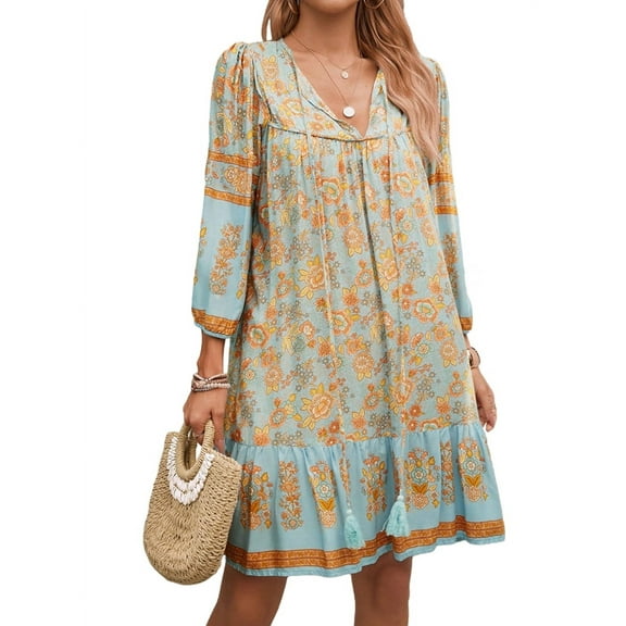 Women Casual Spring Summer Dresses V Neck 3/4 Long Sleeve Floral Flowy Boho Babydoll Mini Short Beach Dress Blue XL