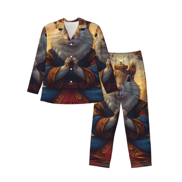 Fotbe Maple Leaf Meditating Squirrel Pijama de Hombre con Estampado de Manga Larga, Conjunto de 2 Piezas, Ropa de Dormir Suave y Cómoda con Bolsillos-XX-Large