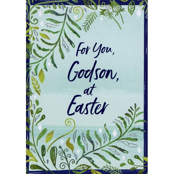 Designer Greetings Green and Silver Foil Vines on Light Blue : Dark Blue Border Godson Easter Card