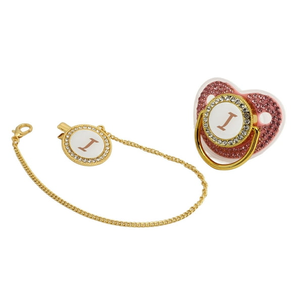 Chupete dorado para bebé con diseño curvo y diamantes de imitación recubiertos, chupete de silicona para alimentación de bebés con leche en polvo, letra I