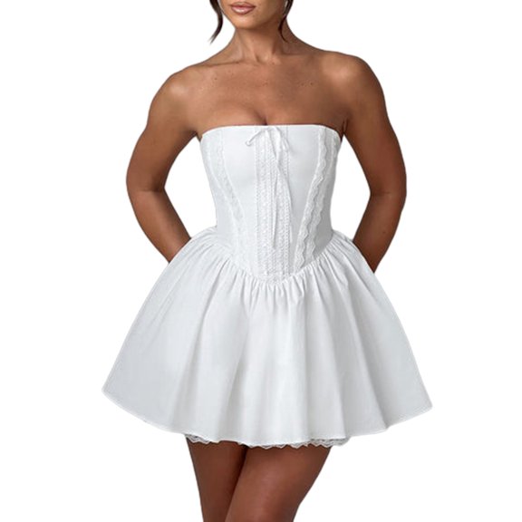 Michellecmm Women's Corset Mini Dress Strapless Lace Trim Solid Color Tube Top Dress Short Party Dress