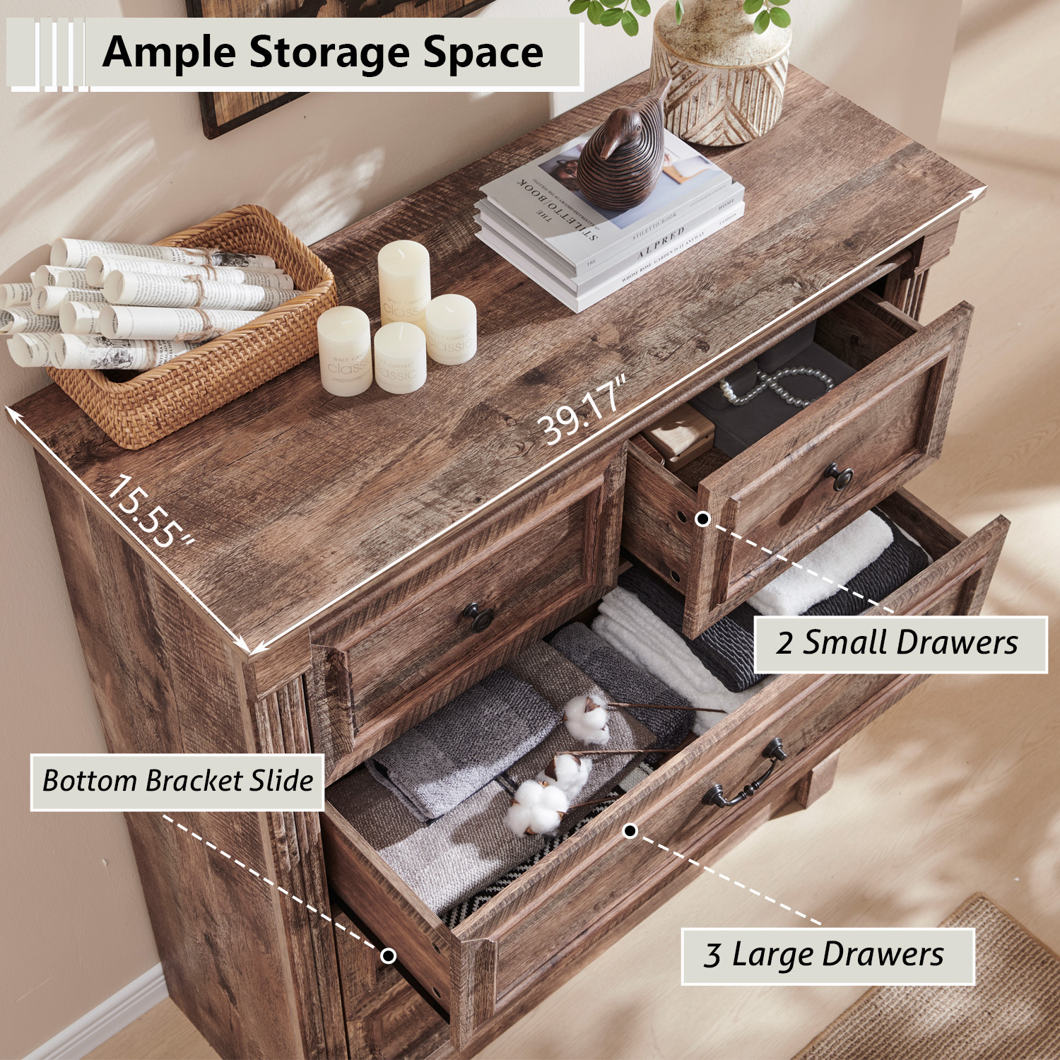 AsterOutdoor Farmhouse 5 Drawers Dresser, Tall Chests of Drawers w/Roman Column, Large Storage Dressers Organizer for Bedroom, Hallway, Living Room