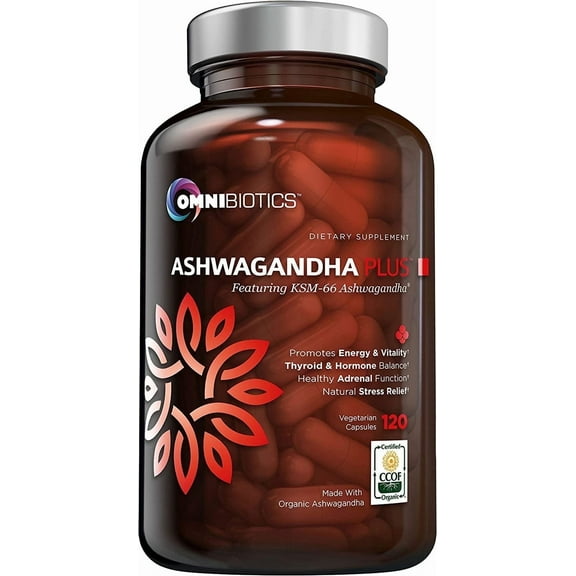 OmniBiotics Organic Ashwagandha Supplement – 1300mg Total Strength – 900mg Organic Root Powder & 400mg KSM-66 Extract – Stress Relief, Mood & Sleep Support – Non-GMO – 120 Vegan Capsules