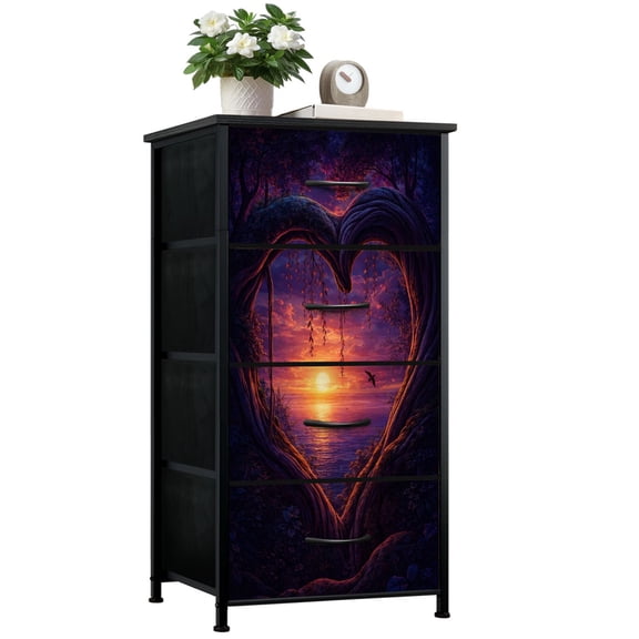 Dark Academia Dresser for Bedroom with 4 Storage Drawers Heart Shaped Tree Archway Overlooking Dressers Chest of Drawers Steel Framed Fabric Closet Organizers for Dorm Entryway End Table Living Room