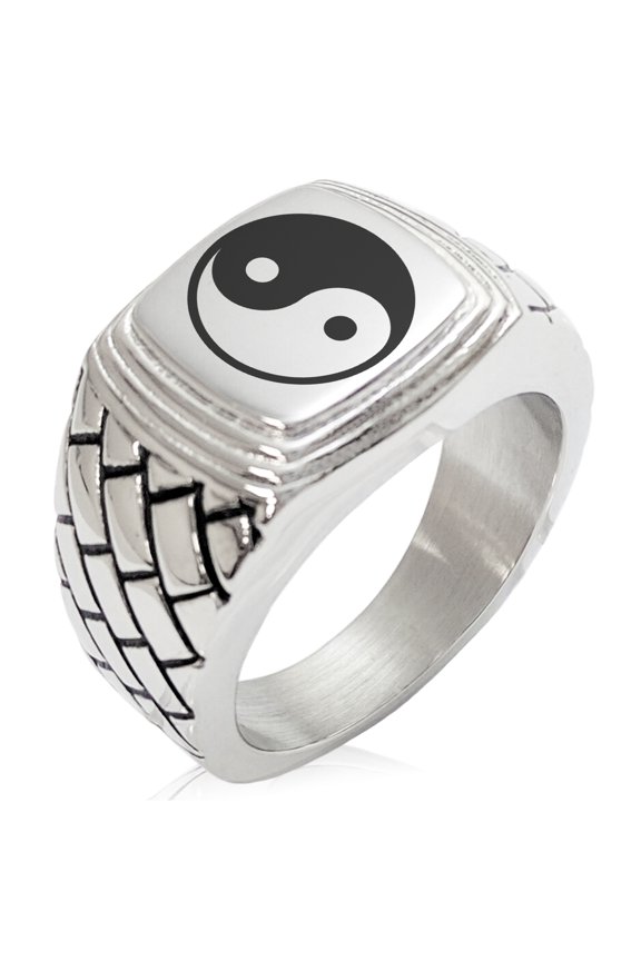 Stainless Steel Yin Yang Geometric Pattern Step-Down Biker Style Polished Ring