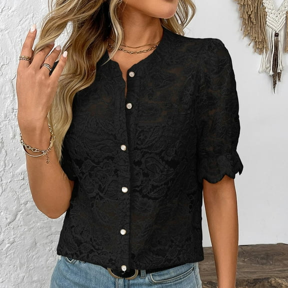Summer Tops for Women, ZHUGeLI Women's Fashion Solid Color Button V-Neck Short Sleeve Lace Shirts