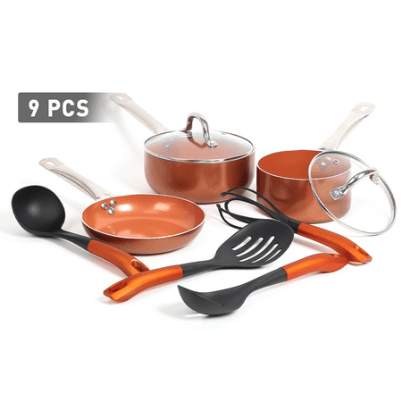 FGY 9 pieces Copper Cookware Set Cooking Pot and Pan Set Non-stick with Ceramic Coating Kitchen Pot Sauce Pan Frying (Best Cooking Pots Uk)