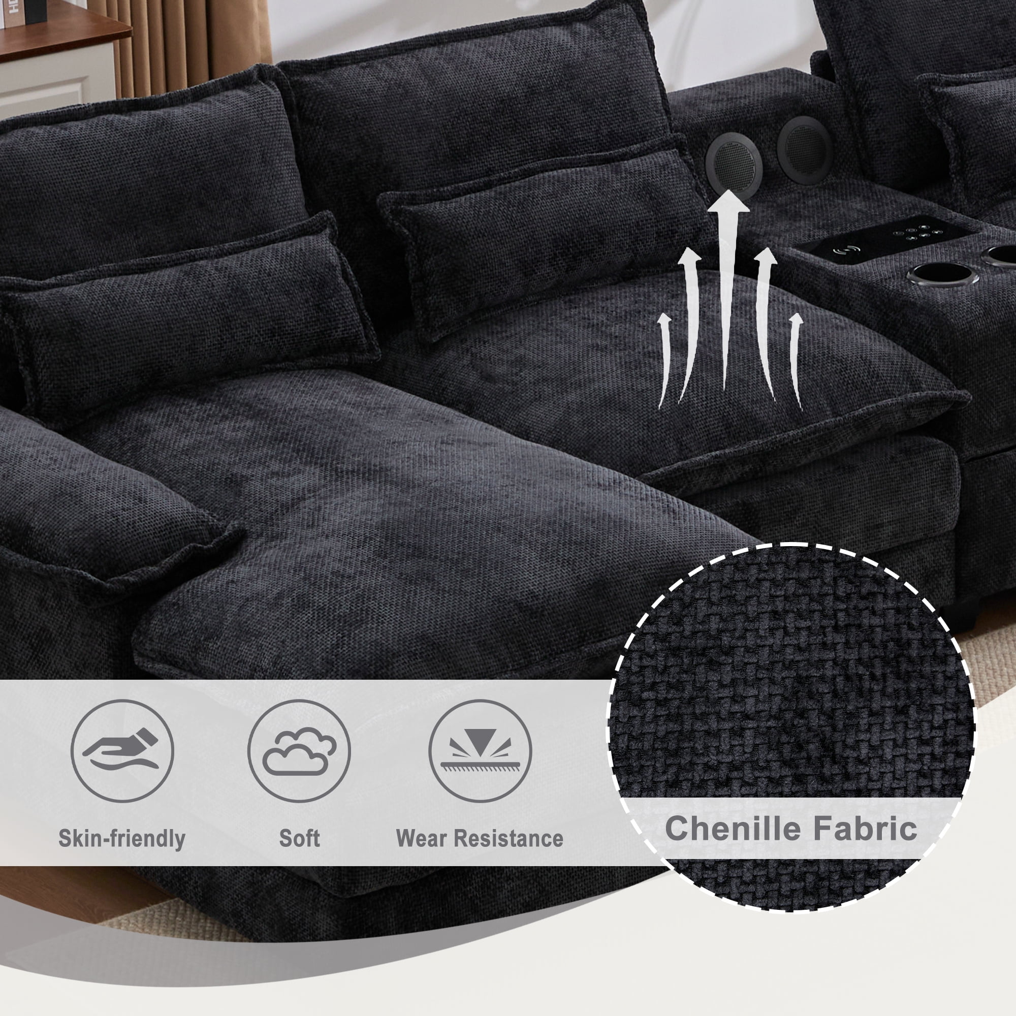 Villeston 126.77" U-Shaped Cloud Sofa With Chaise Lounge, Chenille Sofa With Wireless Charging, Bluetooth Speaker, Two Cup Holders, Storage Drawer, Suitable For Living Room,Black