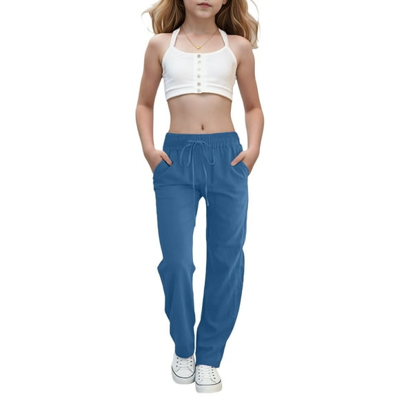 Loopsun Girls Casual Pants, Girls Casual High Waist Pant Loose Wide Leg Long Trousers Blue 12-13 Years