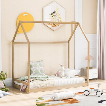 Twin Size House Bed  Wooden Platform Bed with Roof and Chimney  Floor Low Bed Frame for Boys and Girls  Box Spring Needed Natural