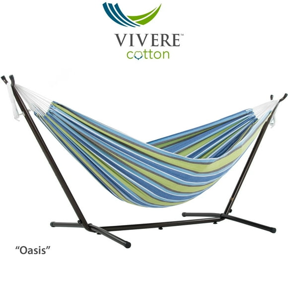 Vivere Hamac Double en Coton avec Support et Sac de Transport (9 Pieds/280cm) Oasis