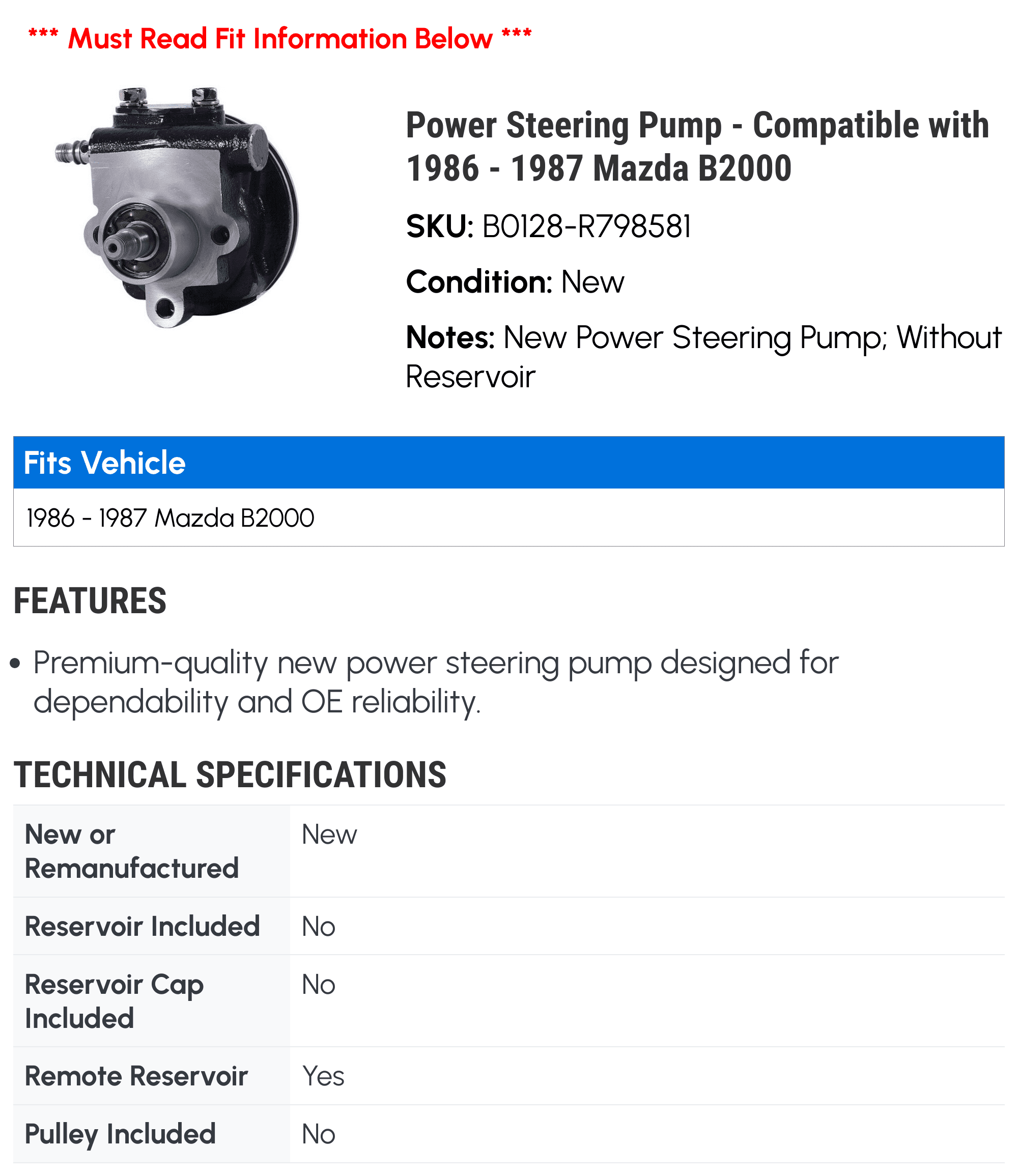 Power Steering Pump - Compatible with 1986 - 1987 Mazda B2000 - BBB Industries