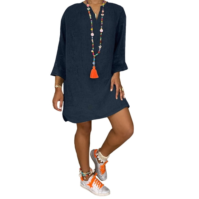 Innerwin Robe Courte Manches Longues Femmes Mini Robes Vacances Couleur Unie Décontractée Bleu Profond TTG