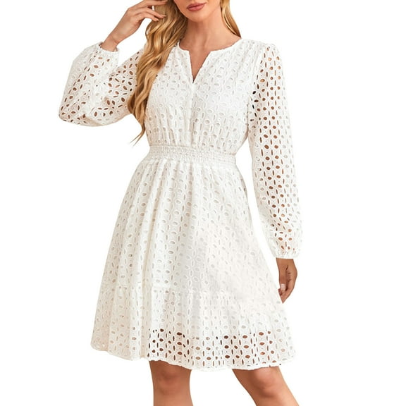 vdgthytj Womens Fall Dresses Long Sleeve V Neck a Line Hollow out Dress Lace Ruffle Cute Casual Party Dresses