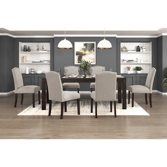 Dining Set, 7-Piece Rectangular Acacia Wood Dining Table with 6 Taupe Fabric Upholstered Side Chairs, Dark Brown Finish, Nailhead Trim, 79" L for Modern Dining Room and Kitchen