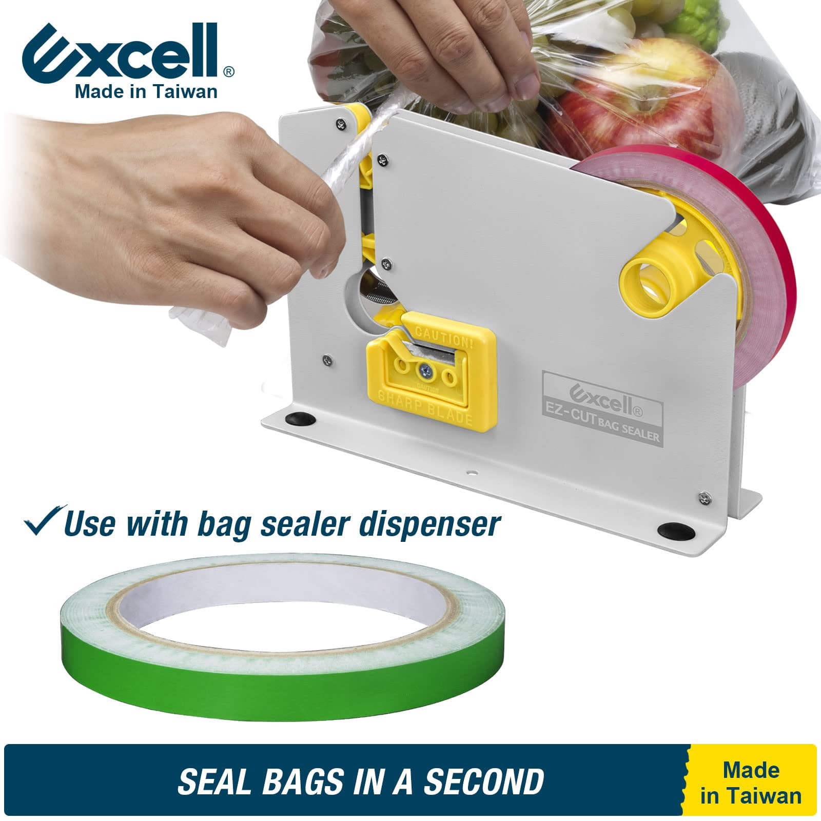 EXCELL Green Poly Bag Sealing Tape - 3/8 inch x 72 yds -10 Packs for Packaging Vegetables, Fruit, Meat, Cake, Ice Bags, Candy