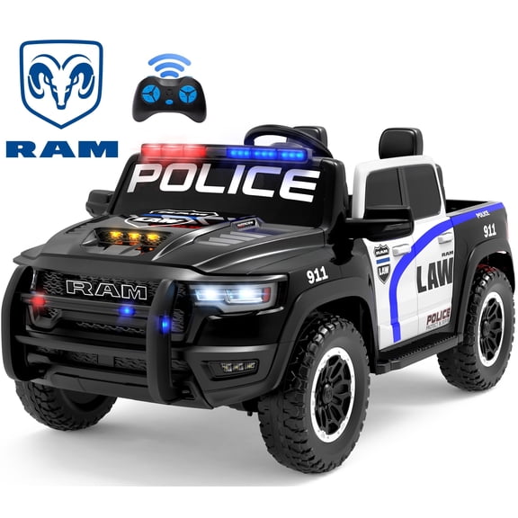 24V 2 Seats Ride On Police Car for Kids, Licensed RAM RHO 1500 Powered Electric Car with 4 Wheels Spring Suspesion, Ride On Toy for 3-8 Year Boys & Girls with Remote Control, Horm, Siren, LED Lights