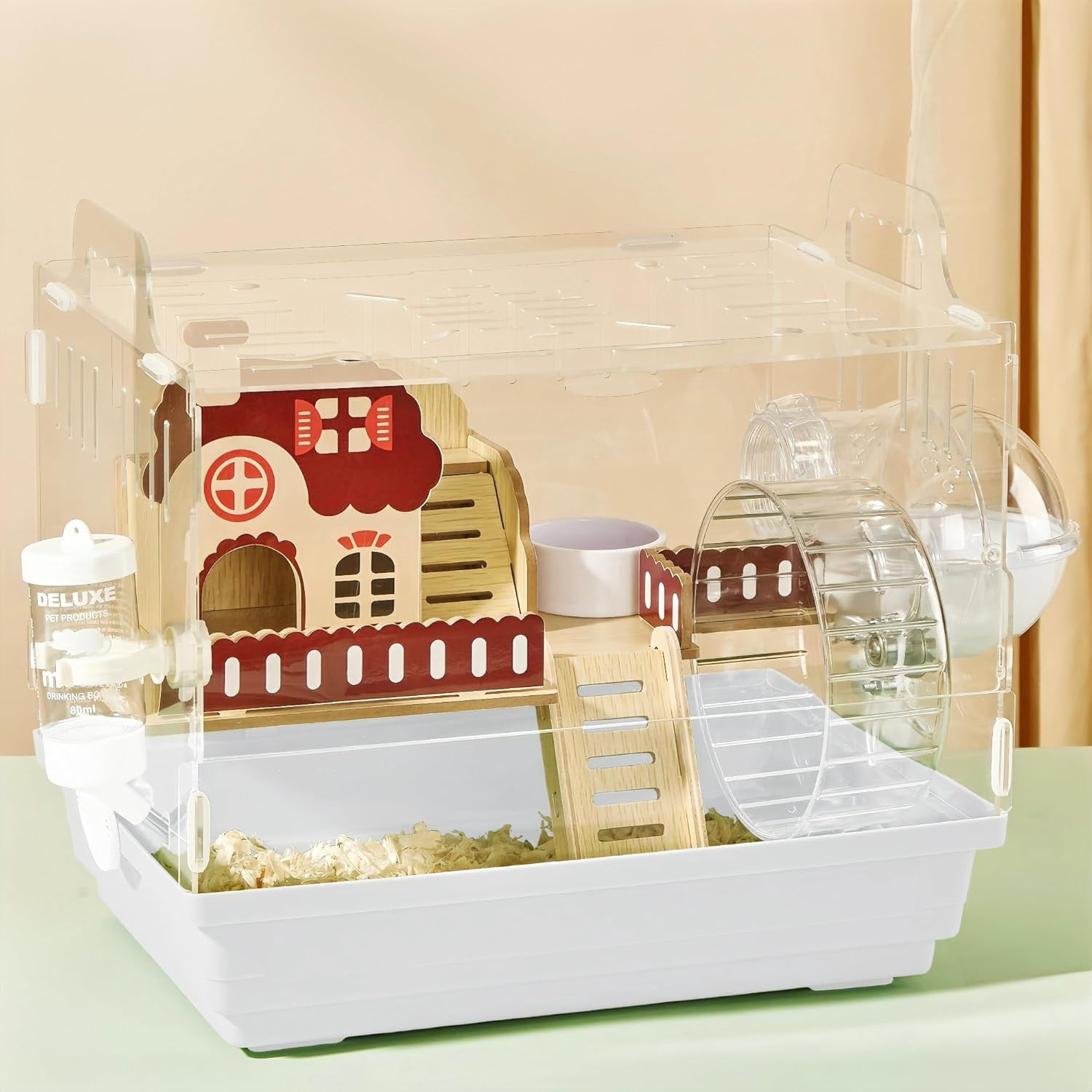 8 in 1 Clear Acrylic Hamster Cage with All Accessories,13.5''L* 10''W* 13''H Dwarf Hamster Cage,Small Hamster Habitat,Garden Style Mouse Cage for Pet Mice,Hamster Enclosure(1-Layer,Pink)