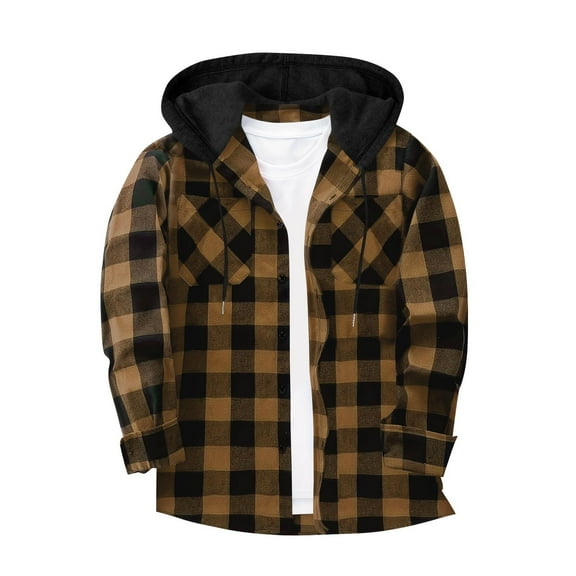 LNWUY Men's Classic Flannel Shirt Plaid Hoodie Fashion Long Sleeve Patchwork Fall Casual Button Down Shirts with Pockets Brown L