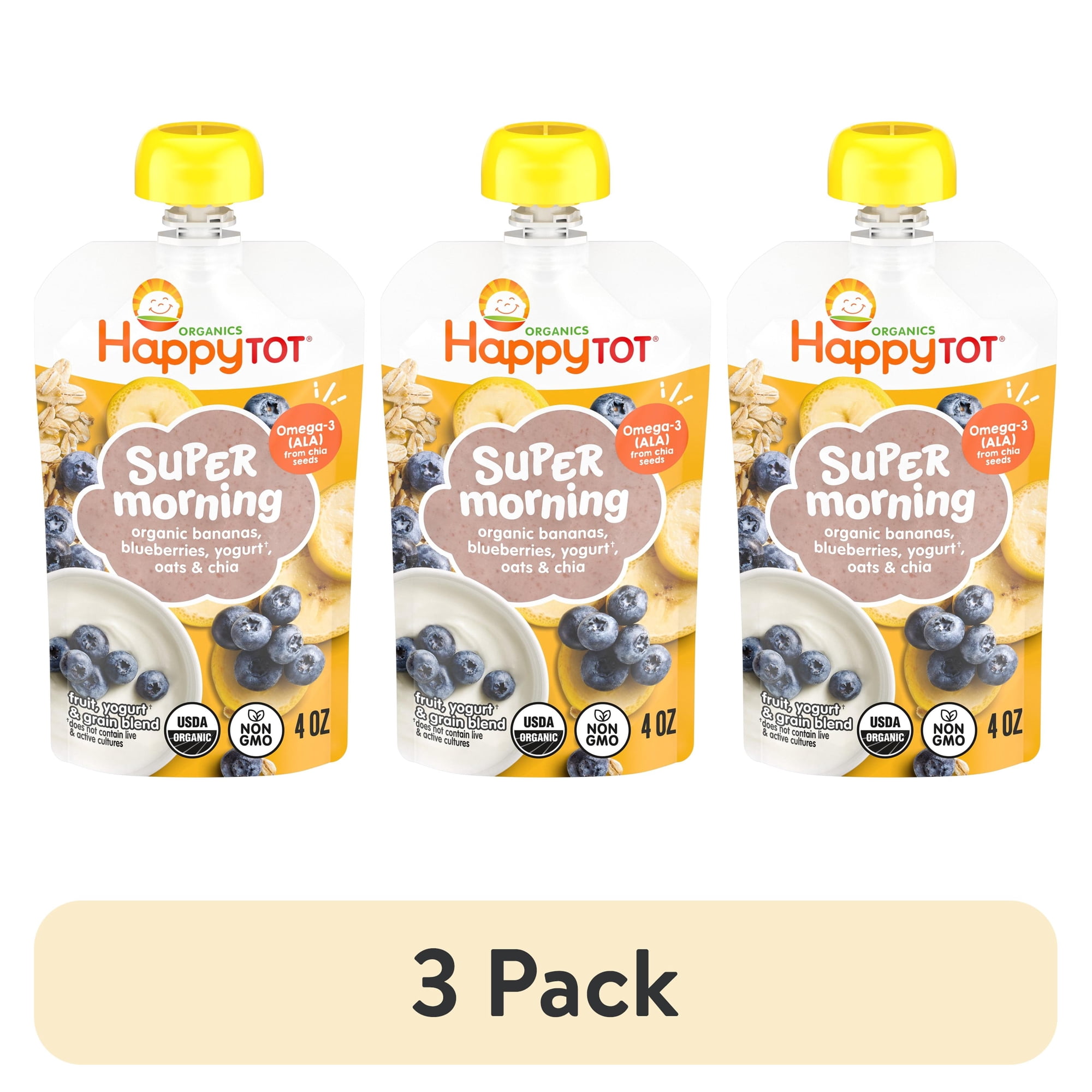 (3 pack) Happy Tot Organics Super Morning Stage 4, Bananas Blueberries Yogurt & Oats, Organic Tot Food, 4 oz. Pouch