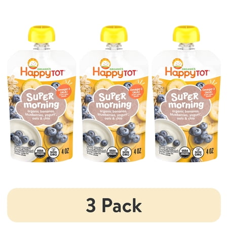 (3 pack) Happy Tot Organics Super Morning Stage 4, Bananas Blueberries Yogurt & Oats, Organic Tot Food, 4 oz. Pouch