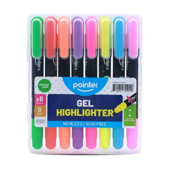 Pointer Gel Highlighters, Retractable Twist-Up Tips, Assorted Colors, 8 Count