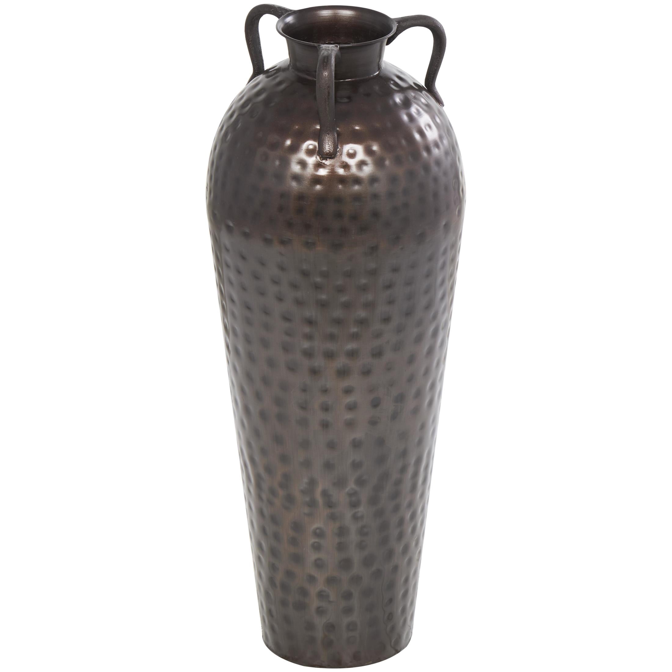DecMode 28" Tall Floor Mediterranean Style Brown Metal Vase with Hammered Details and Handles