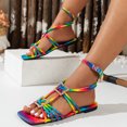 thumbnail image 2 of Bmisegm Ladies Summer Rhinestone Shiny Leather Rainbow Colour Square Toe Hollow Out Strap Beach Flat Bottom Big Size Sandals Sandals Women Summer Red 7.5, 2 of 9
