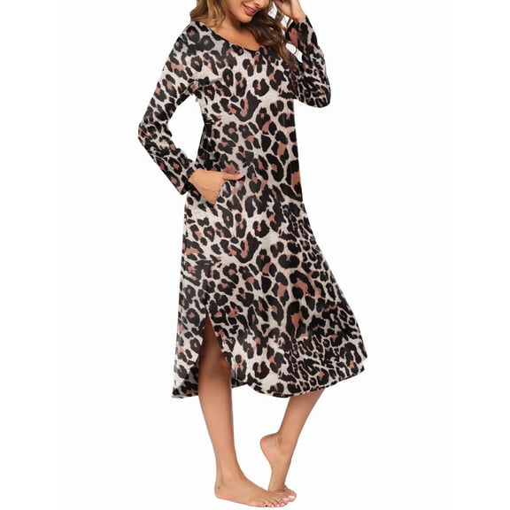 Oudiya Womens V Neck Nightgown House Dresses Long Sleeve Nightshirts Sleepwear with Pockets, S-XXL