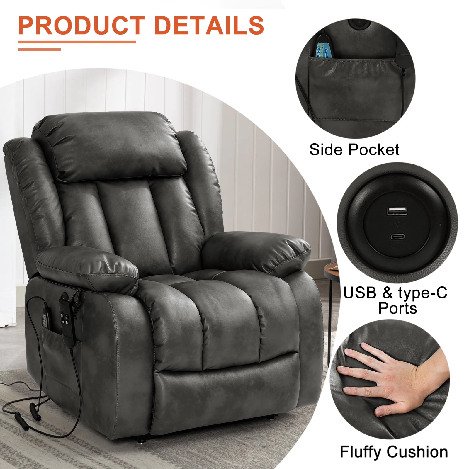 TEKAMON Infinite Position Lift Recliner Chair for Elderly with Heat and Massage Lay Flat Sleeping Leather Dual Motor Power Lift Chair for Living Room (Grey)