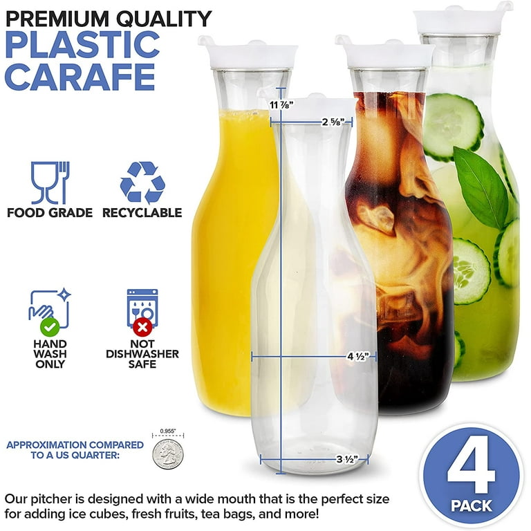 Plastic Carafes with White Caps (4 Pack) - 50 oz Carafe - Leak Proof Flip  Tab Lids - Juice Pitcher - Milk Container for Refrigerator Side Door -  Carafe for Mimosas, Cold