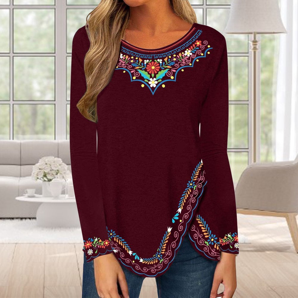 Femmes Top Femmes Top Folk-custom Manches Longues Ethnique Imprimé