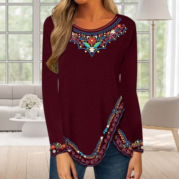 Femmes Top Femmes Top Folk-custom Manches Longues Ethnique Imprimé