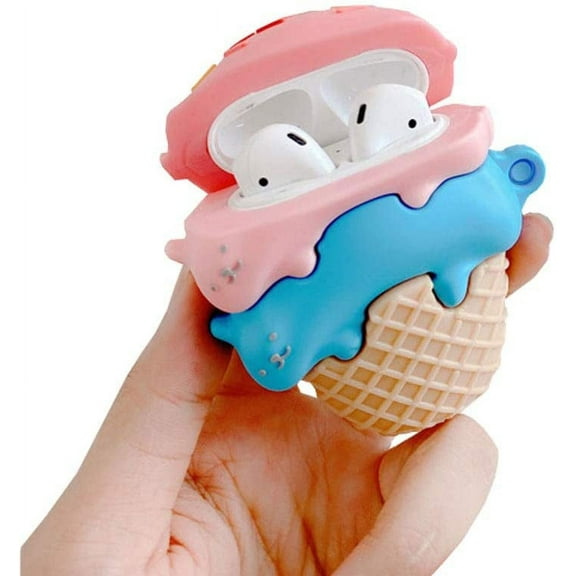 3D Cute Kawaii Creative Sleeping Cat Ice Cream Air pods Cover Sweet Tempting Food Wireless Earphone Accessories Soft Silicone Shockproof Protector Compatible for Airpods 1 & 2 Hook