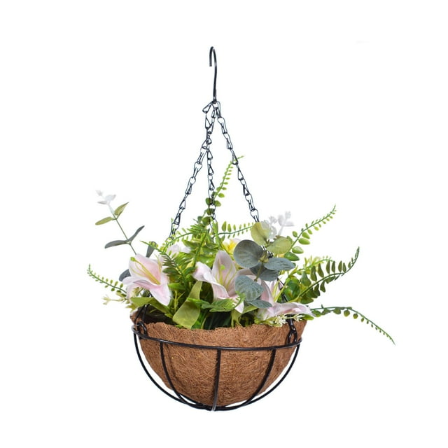 Ramo de flores artificiales en cesta colgante. Arreglo floral artificial. Estilo C